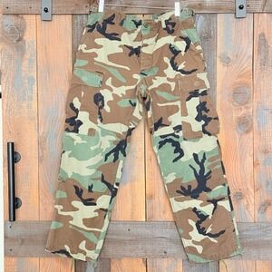Vintage Military Issue Woodland Camo Ripstop Cargo Pants Medium Short 32x27